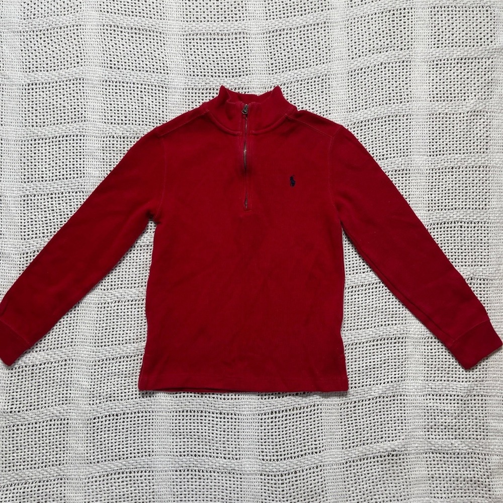 Polo Ralph Lauren Boys Red Ribbed Quarter Zip Pullover Sweater Size 7 Pony Logo